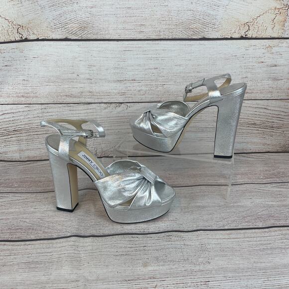 Jimmy Choo Heloise 120 Nappa Womens Sz EUR 37 US 7 Platform Sandal Heels Silver - Picture 1 of 9